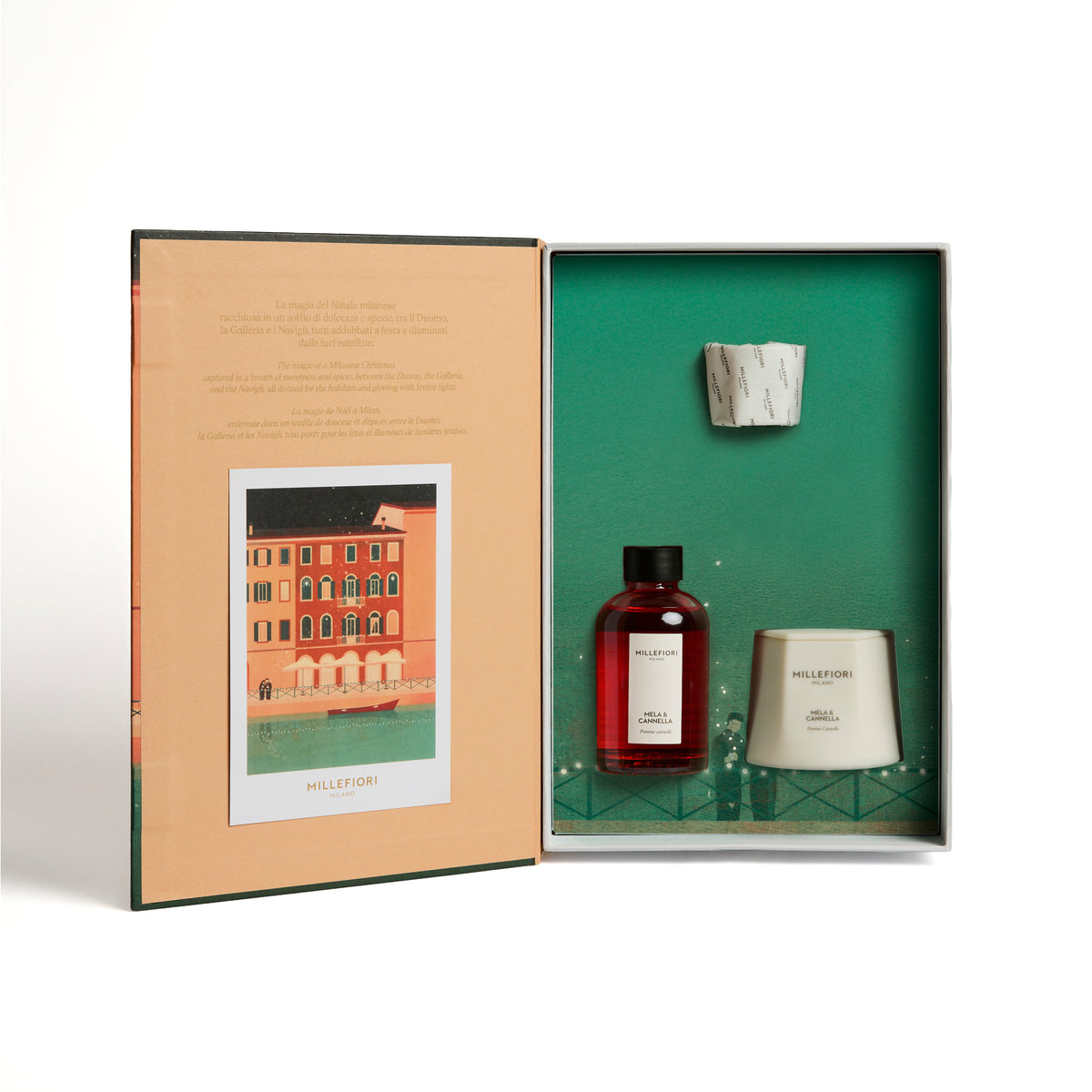 Millefiori Milano - Coffret cadeau de Noël - Bougie parfumée & Bâtonnets diffuseurs - Mela & Canella