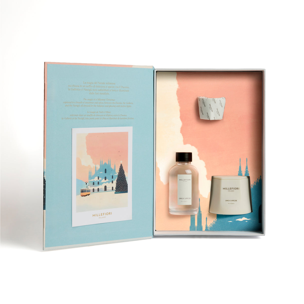 Millefiori Milano - Kerst Cadeauset - Geurkaars & Geurstokjes - Oro E Spezie