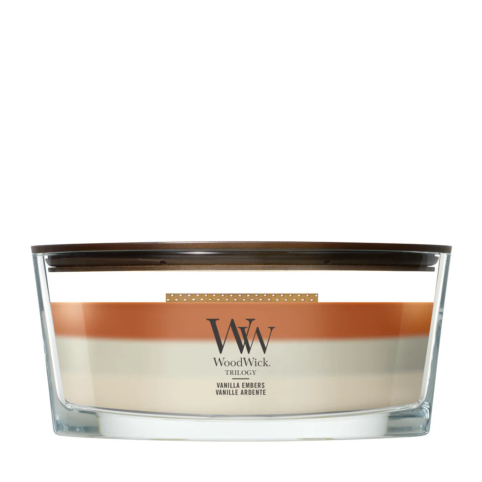 WoodWick - Trilogy Vanilla Embers - Bougie parfumée Ellipse